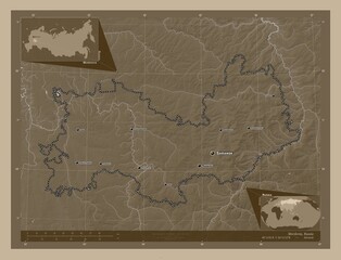 Mordovia, Russia. Sepia. Labelled points of cities