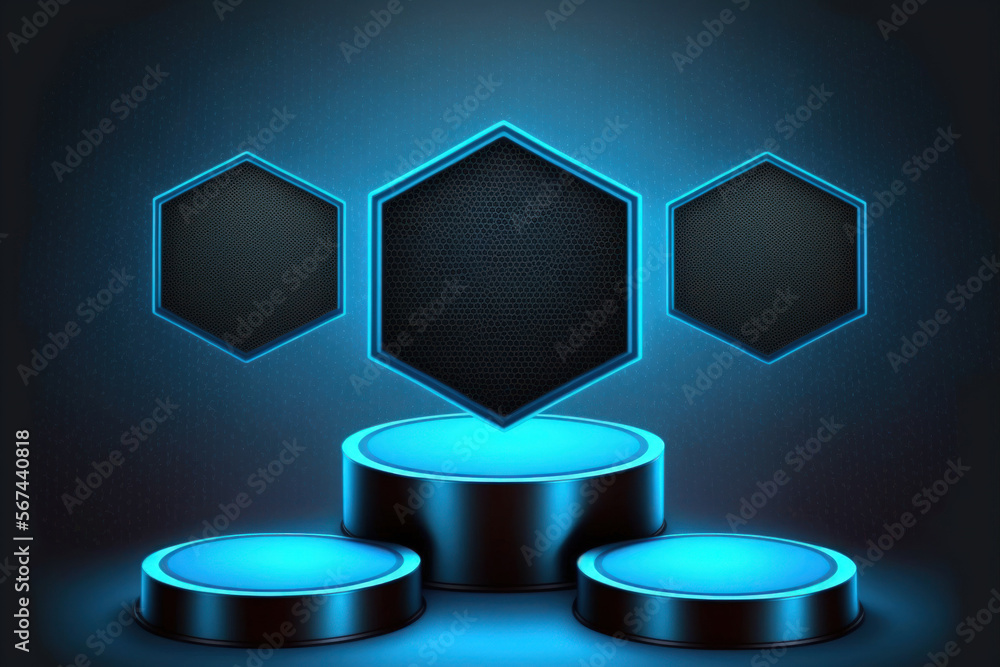 Poster background of digital products. a blue background with a dark dot effect and three glowing hexagonal