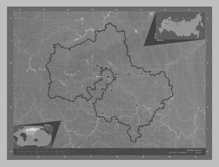 Moskva, Russia. Grayscale. Labelled points of cities