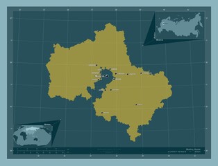 Moskva, Russia. Solid. Labelled points of cities