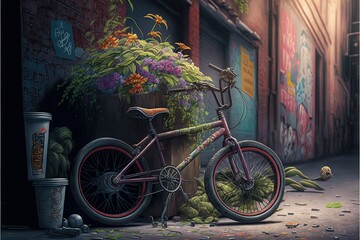  a painting of a bicycle parked next to a flower pot with flowers growing out of it and a cup of coffee on the side of the street.  generative ai