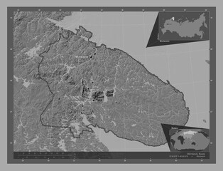 Murmansk, Russia. Bilevel. Labelled points of cities