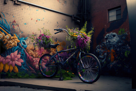  a bicycle parked in front of a wall with a mural on it's side and a brick wall behind it with flowers and a skeleton on the wall.  generative ai