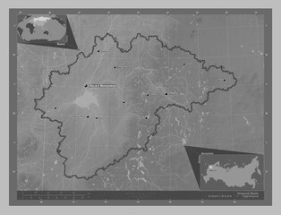 Novgorod, Russia. Grayscale. Labelled points of cities