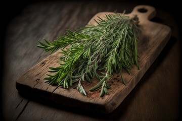  a wooden cutting board topped with a bunch of green leaves on top of a wooden table next to a cutting board with a knife and a sprig of rosemary on it.  generative ai