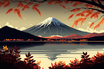 Autumnal foliage and Mount Fuji at Lake Kawaguchi. Generative AI