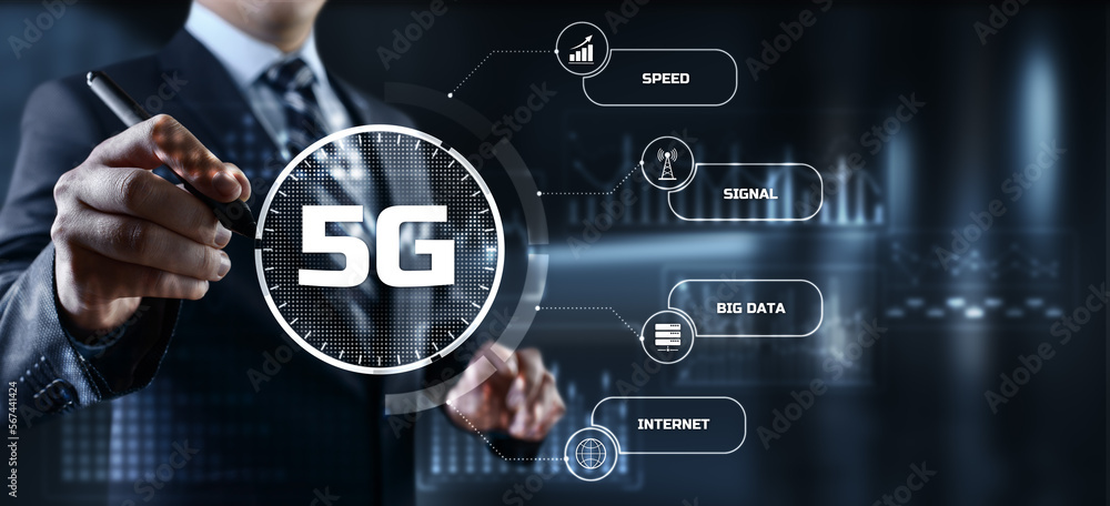 Poster 5g high-speed internet connection concept. businessman pressing button on screen.