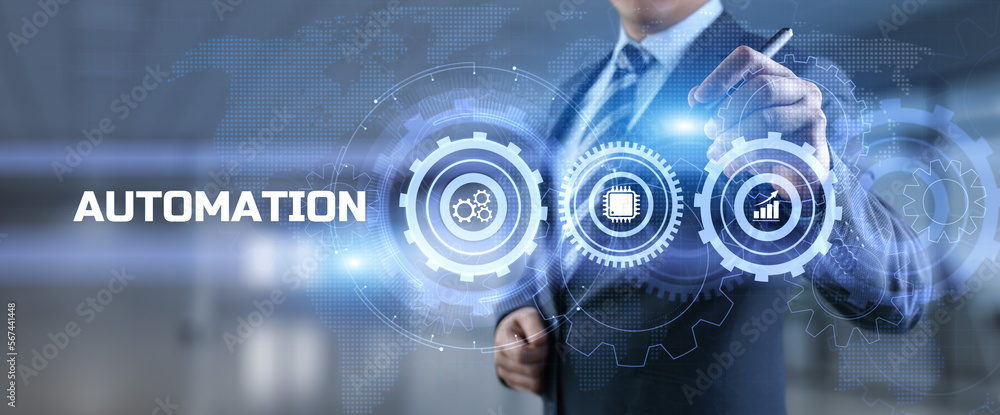 Poster automation innovation technology concept. businessman pressing button on screen.