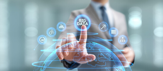 Big Data Analysis Analytics internet technology concept. Businessman pressing button on screen.