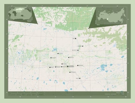 Omsk, Russia. OSM. Labelled points of cities