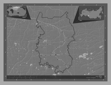 Omsk, Russia. Bilevel. Labelled points of cities