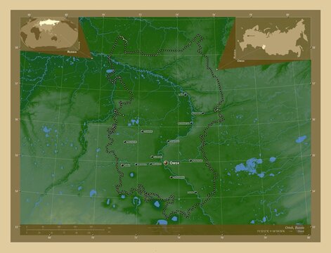 Omsk, Russia. Physical. Labelled points of cities