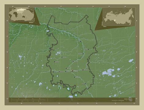 Omsk, Russia. Labelled points of cities