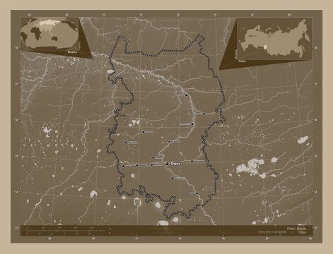 Omsk, Russia. Sepia. Labelled points of cities