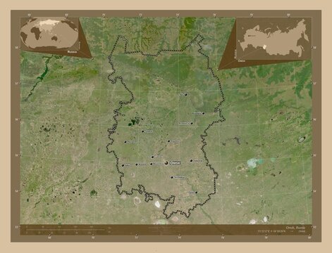 Omsk, Russia. Low-res satellite. Labelled points of cities
