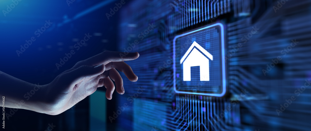 Aufkleber smart home automation wireless control iot internet of things concept. hand pressing button.