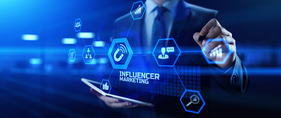 Influencer Influence marketing social media advertising concept on screen.