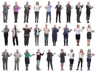 group of happy people with gifts in their hands isolated