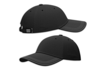 Black baseball cap mockup isolated on white background. side view.3d rendering.