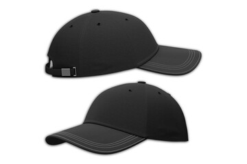 Black baseball cap mockup isolated on white background. side view.3d rendering.