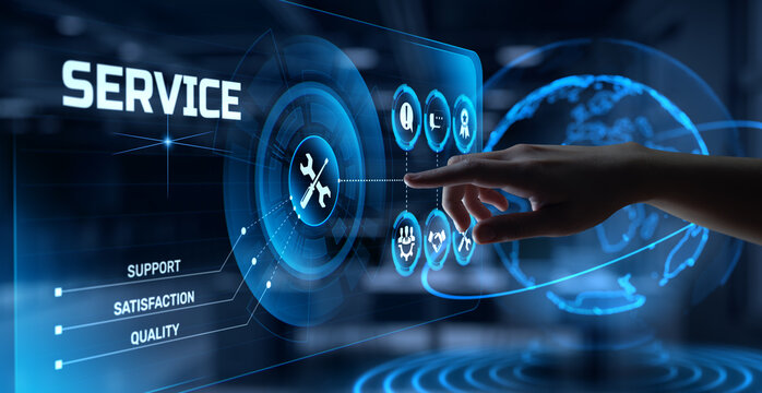 Service customer satisfaction technical support concept. Hand pressing button on screen.