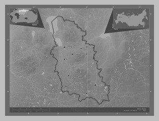 Pskov, Russia. Grayscale. Labelled points of cities