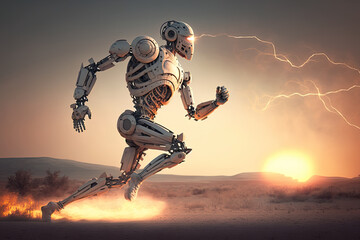 AI-generated image of a robot participating in sports at sunset