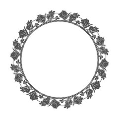 Round frame of rope with branches and flowers of lavender. Black and white vector illustration on a white background.