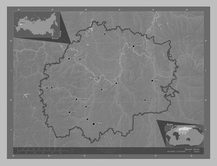 Ryazan', Russia. Grayscale. Labelled points of cities