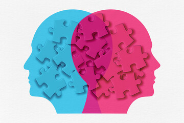 Confusion concept, mental health and problems with memory. Human brain shaped made of jigsaw puzzle...