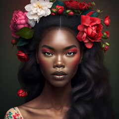 Naklejka premium Close up portrait of a beautiful asian woman with flowers in hair. Generative AI.......