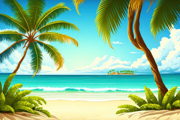beach in a tropical island paradise Beautiful Caribbean landscape, nature, blue sea wave, ocean water, green coconut palm tree leaves, yellow sand, sun, sky, and white clouds; summer holidays; vacatio