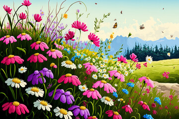 beautiful colorful meadow of wild flowers. Generative AI