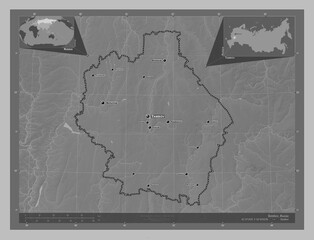 Tambov, Russia. Grayscale. Labelled points of cities