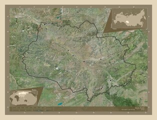 Tomsk, Russia. High-res satellite. Labelled points of cities