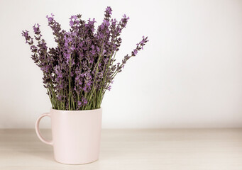 Fresh natural lavender in a pink cup against a white wall background. Side view, space for text.