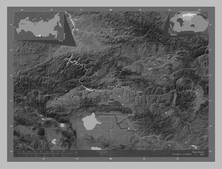 Tuva, Russia. Grayscale. Labelled points of cities