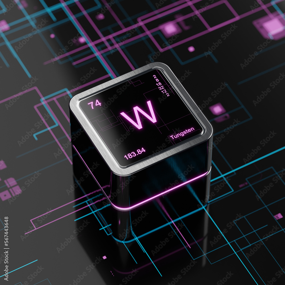 Poster tungsten element symbol in periodic table, metallic cube with lcd black display screen, glossy table