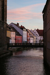 Colorful historical houses on the river in the city of Munich, Germany