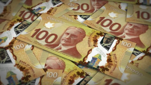 Pile of canada dollars cash money, inflation concept. Closeup new canada one hundred dollar bills 4k resolution