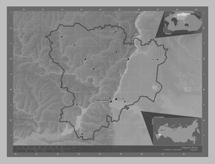 Volgograd, Russia. Grayscale. Labelled points of cities