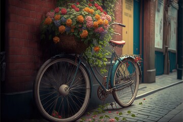 Fototapeta na wymiar a bicycle with a basket full of flowers parked on the side of a street next to a brick building with a flower box on the front of the bike. generative ai