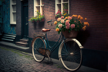  a bicycle with a basket full of flowers on the front of a building with a brick sidewalk and a brick sidewalk next to a brick building.  generative ai