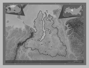 Yamal-Nenets, Russia. Grayscale. Labelled points of cities
