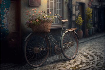  a painting of a bicycle parked on a cobblestone street with flowers in a basket on the front of the bike and a window.  generative ai