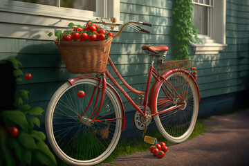 Fototapeta na wymiar a red bicycle with a basket full of cherries on the front of a blue house with a green door and a tree in front of it. generative ai