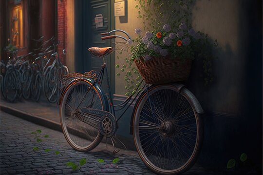  a painting of a bicycle with a basket of flowers on the front of the bike parked on the side of the street next to a building.  generative ai