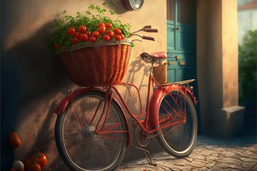 Fototapeta na wymiar a painting of a red bicycle with a basket full of tomatoes on the front of it and a clock on the side of the building. generative ai