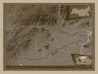 Yevrey, Russia. Sepia. Labelled points of cities