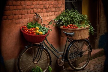 Fototapeta na wymiar a bicycle with a basket full of vegetables parked next to a brick wall with a brick wall behind it and a brick wall behind it. generative ai